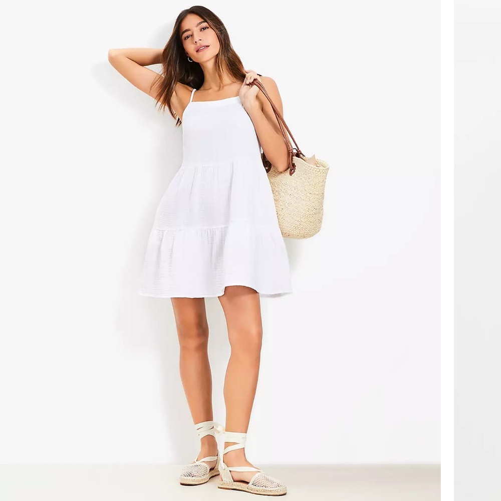 Loft Beach Triple Cloth Tiered White Sleeveless Sundress